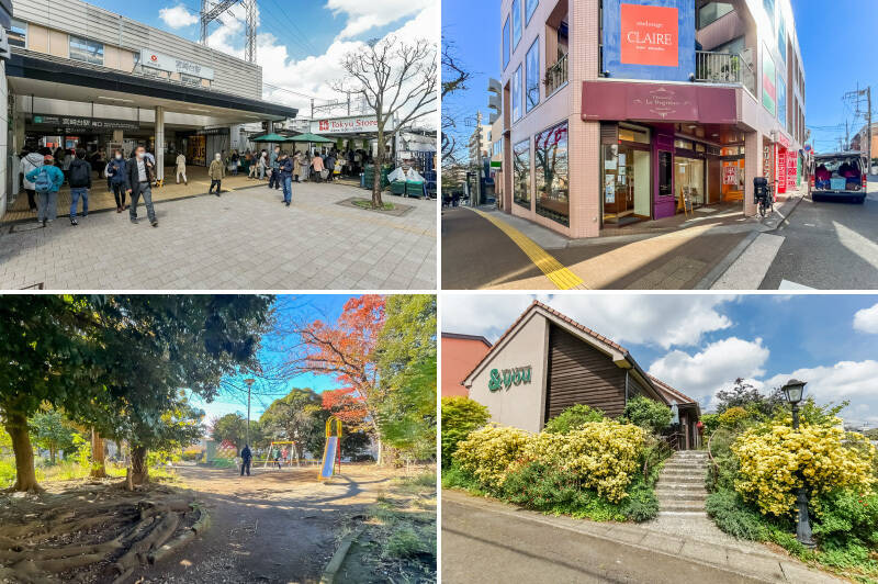 <p><b>左上・</b>ご紹介する物件の最寄りは東急田園都市線「宮崎台」駅。駅舎の隣には23時まで営業するスーパー「東急ストア 宮崎台店」があります。（徒歩17分）／<b>右上・</b>「パティスリー・ル・ネグレスコ」は新聞や雑誌メディアでも掲載される人気スイーツ店です。／<b>左下・</b>「宮崎第一公園」は、野球場を併設した大きな公園。春には「さくら祭り」が行われるほか、隣接する「宮崎こどもセンター」では親子向けのイベントを毎月多数実施しています。（徒歩14分）／<b>右下・</b>美しい植栽に囲まれたレストラン「アンジュ 梶ヶ谷店」。テラス席はペットと一緒にお食事を楽しめますよ♡（徒歩5分）</p>