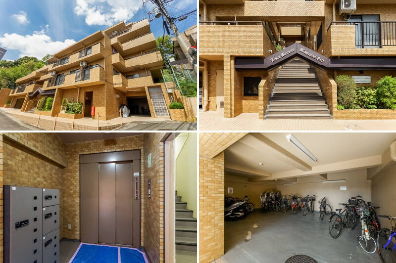 <p><b>左上・</b>1989年竣工・総戸数12戸。こちらのマンションは<b>犬・猫含むペットの飼育が、1住戸につき2匹まで可能</b>です！（細則あり）／<b>右上・</b>エントランスから3階までは階段を上り、そこからエレベーターで住戸のある6階へ。／<b>左下・</b>エレベーター前には宅配ボックスを配置。不在時の荷物の受け取りも安心です。／<b>右下・</b>自転車置き場は1階に。2026年3月時点で空きはありますが、最新状況はお問い合わせください。</p>