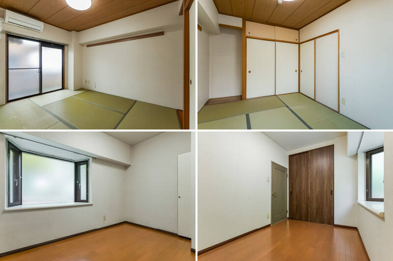 <b>上・</b>約6.1帖の和室。畳はまだきれいな印象ですが、この機会に洋室へと変えるのも選択肢のひとつ。／<b>下・</b>北西向きの洋室Bは約4.5帖。窓の先はマンション内の空き地で、こちらでも緑の気配が感じられます。