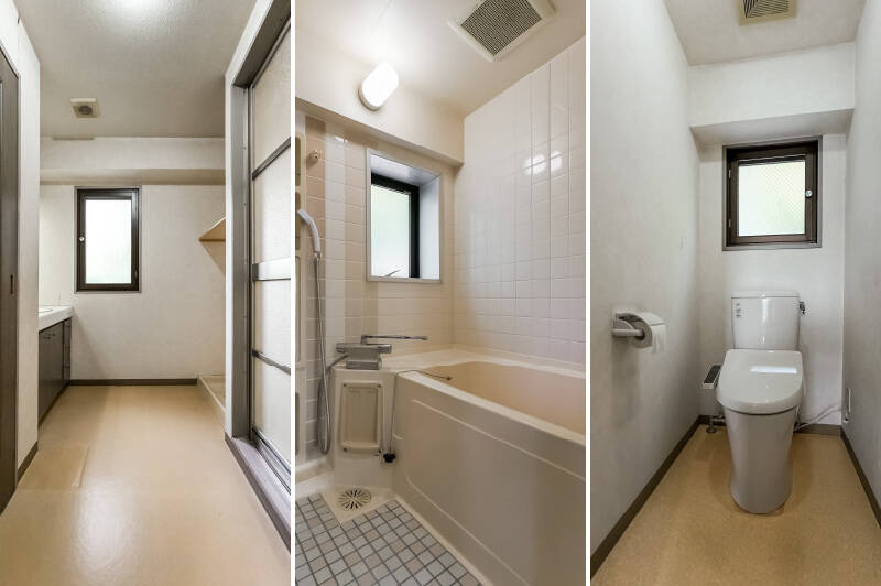 <b>左・</b>広さにゆとりのある洗面室。左手の引き戸を開けるとキッチンへと続きます。このまま便利な動線を活かしてもよし、収納スペースをつくるもよし、悩みますね〜。／<b>中央・</b>浴室にも窓付きで、換気しやすいのがうれしいポイント。／<b>右・</b>トイレも背面に窓が備わっています。