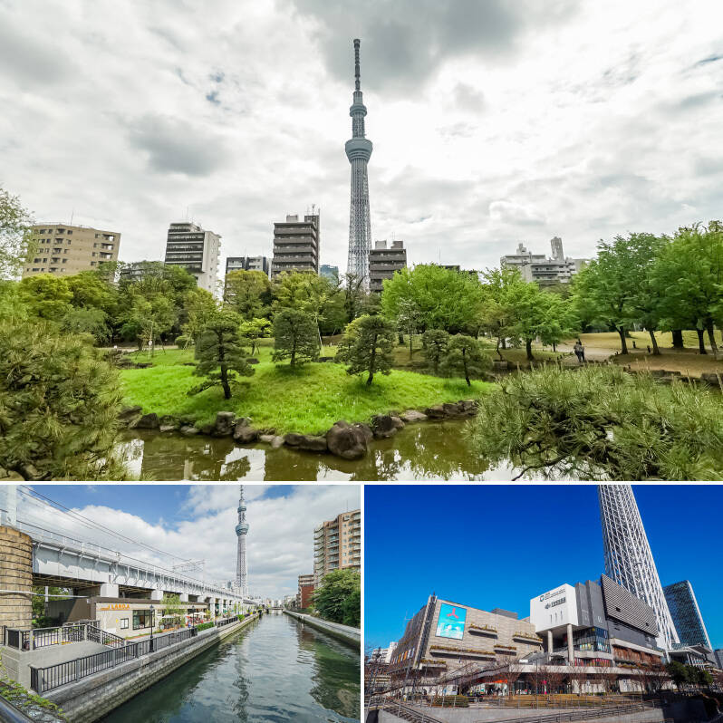 <b>上・</b>庭園越しに「東京スカイツリー」を望める「隅田公園」。広々とした芝生エリアもあり、お散歩やピクニックを気軽に楽しめます。／<b>左下・</b>隅田公園に隣接する「東京ミズマチ」には、感度の高いお店がいくつも。川を眺めながらのカフェタイムはいかがでしょうか。（徒歩7分）／<b>右下・</b>「押上」駅直結の「東京ソラマチ」。水族館やプラネタリウムなどアミューズメント施設のほか、スーパーなど300以上の店舗が集まっています。（徒歩7分）