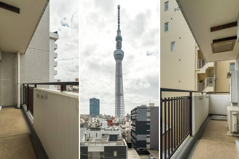 バルコニーのちょうど中央に「東京スカイツリー」が見えますよ。あまりにも近く、上まで見るには少し見上げるほどです（笑）