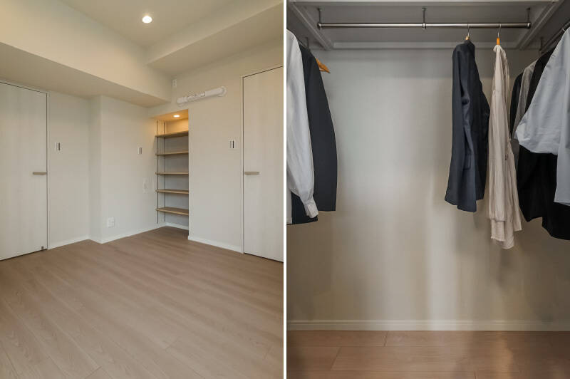 可動式の棚とコの字型のウォークインクローゼット（WIC）付き。