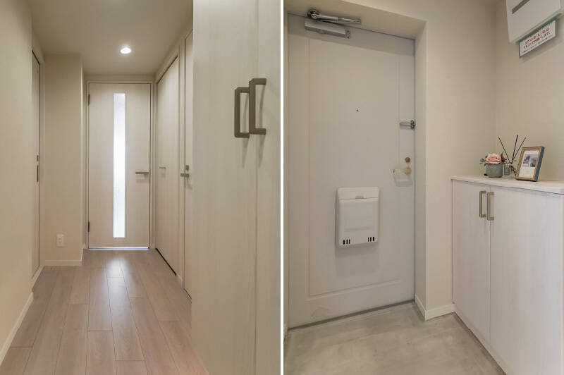 廊下には物入れが備わり、下足入れは玄関と廊下に2箇所ありますよ。