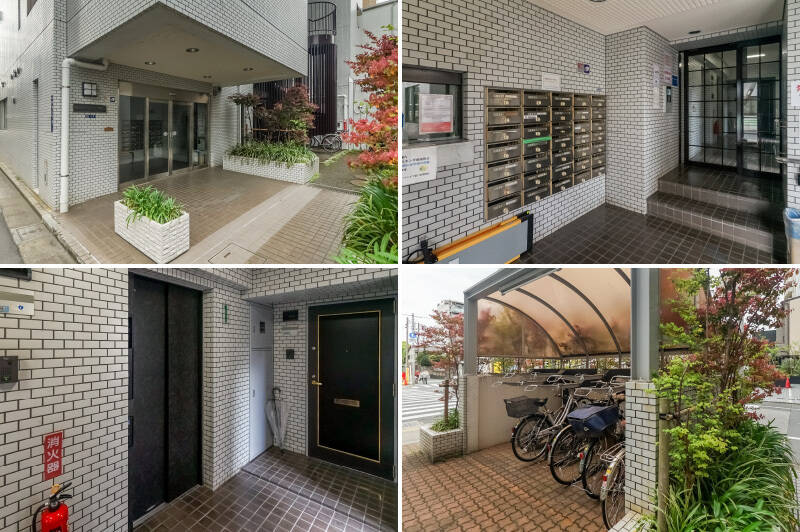 <b>左上・</b>メイン道路から少し奥まっている入口。／<b>右上・</b>エントランスにはオートロックがあります。階段が2段あるので足元にご注意ください。／<b>左下・</b>共用部も外壁と同じタイル貼り。／<b>右下・</b>駐輪場は月額400円。最新の空き状況はお問い合わせください。