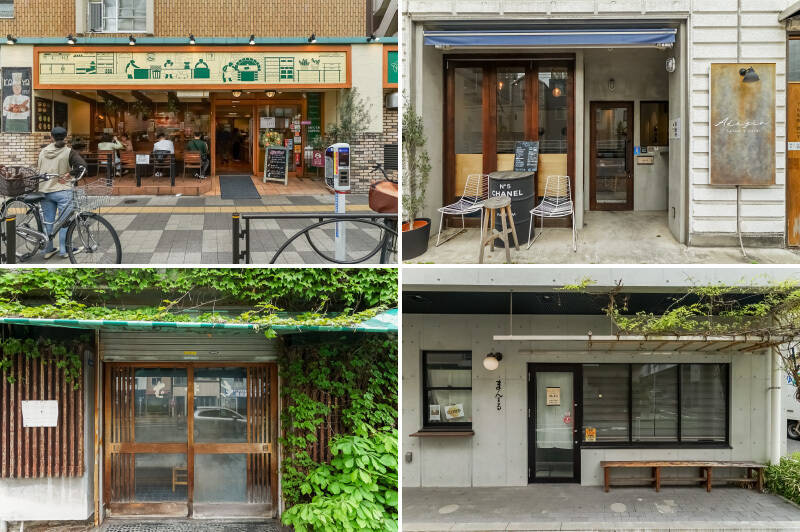 <b>左上・</b>「かめぱん向島店」には、焼き立てパンがずらり。お手頃な価格でついついたくさん買い込んでしまいます（笑）道路の向かいには、パン食べ放題のランチが楽しめる「かめぱんcafe」がありますよ。（徒歩8分）／<b>右上・</b>パスタランチや自家製スイーツをいただける「Adagio CAFE（アダジオカフェ）」。お店の奥には美容サロンがあります。（徒歩5分）／<b>左下・</b>そば屋「角萬 向島店」。うどんのような太さのお蕎麦がボリュームたっぷり。（徒歩1分）／<b>右下・</b>「まんまる」では、彩り豊かなもなかや白玉などの和風スイーツをいただけます。（徒歩3分）