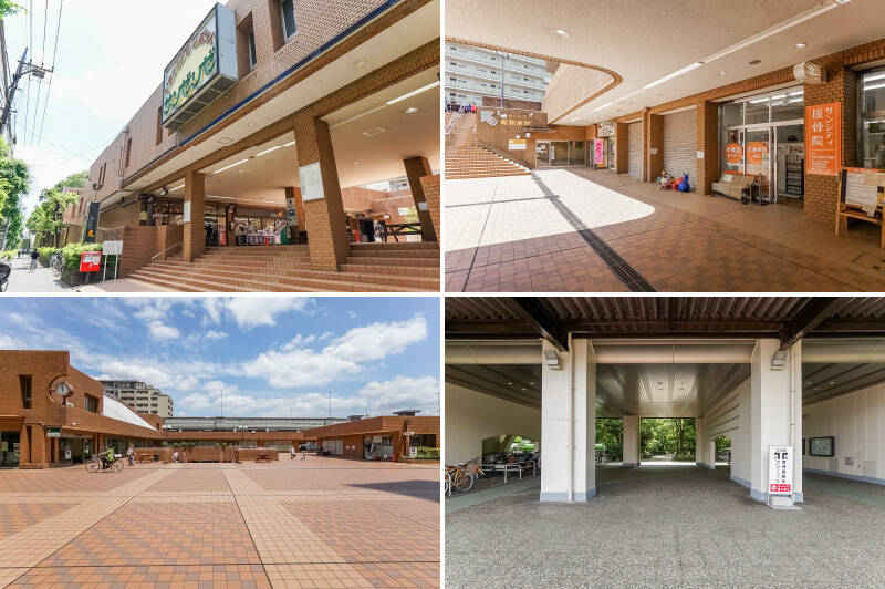 <b>左上・</b>ご紹介するマンションの敷地までは、最寄りの都営三田線「志村三丁目」駅から徒歩10分。敷地内に複合商業施設「サンゼリゼ」がある便利さ◎／<b>右上・</b>7時〜23時まで営業するスーパー「ダイエー 板橋サンゼリゼ店」や各種クリニックなどが入っており、敷地内だけでほとんどの用事を済ませられそうなほど。奥に見える階段をさらに上ると……／<b>左下・</b>ひらけた広場に銀行や保育園、学習塾などが。／<b>右下・</b>こちらがメインエントランス。進んでみましょう！