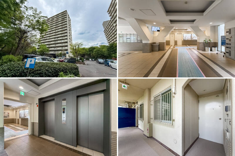 住戸の所在するJ棟にやってきました。マンションは全体で計17棟・総戸数1872戸にものぼるビッグコミュ二ニティで、こちらの棟だけでも155戸もの規模があります。1987年築ですが、共用部は古さを感じさせない佇まい。エレベーターで6階までアクセスし、廊下を渡って階段を上ると住戸に到着。