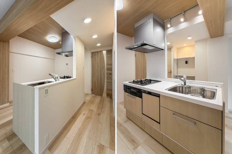 キッチンは縦長のLDKに対して並行に設置されており、回遊性があります。あまり見ない造りですが、家事動線が制限されず使い勝手はよさそう！