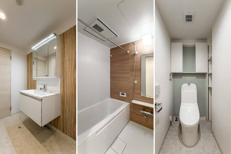 水まわりはキッチンの向かい側にまとまって配置されています。バスルームは1216サイズで、浴室乾燥機付きです。