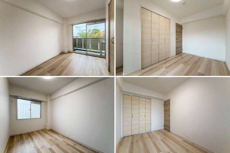 <p><b>上・</b>約6帖の洋室B。西向きの窓の向こうにコンパクトなバルコニーがあります。／<b>下・</b>約5帖の洋室Cも同じく西向きですが、面しているのは共用廊下です。</p>