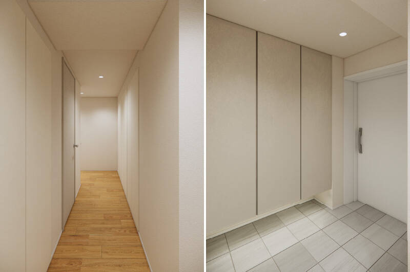 まずは玄関まわりから、CGイメージでご紹介します。背の高いシューズボックスのほかにも、廊下には大型クローゼットを設置予定です。