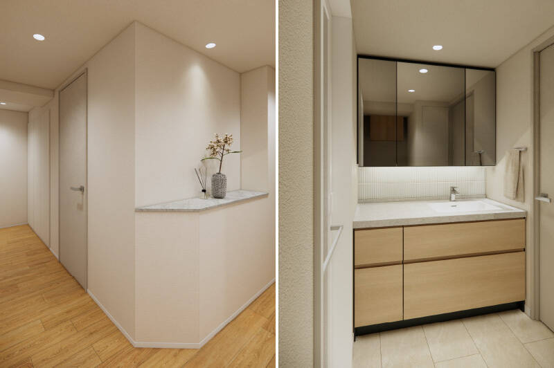 <b>左・</b>廊下のコーナーには棚を設け、季節のお花などを飾りやすいスペースに。／<b>右・</b>洗面台は木目をベースに、細長いタイルがアクセントになったデザイン。忙しい時間帯の身支度もテンションが上がりそうですね。