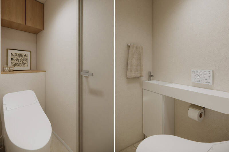 トイレは玄関近くからアクセスする間取り。手入れのしやすいタンクレスタイプで、手洗いボウル付きのカウンターを設けます。