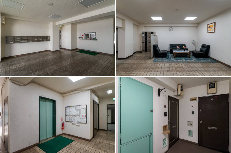 <b>左上・</b>共用ロビーにメールボックスと管理人室があります。管理人さんは週6日勤務されていますよ。／<b>右上・</b>さらに先に進むと、コミュニティスペースと宅配ボックスが。／<b>左下・</b>エレベーター前には掲示板が設けられています。マンション内のお知らせを随時チェックできますね。／<b>右下・</b>5階の住戸前に到着。さっそく室内を拝見していきましょう！