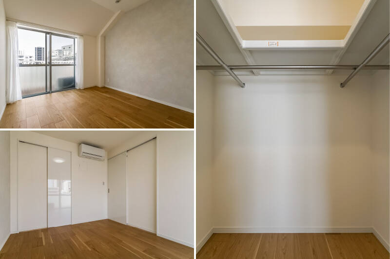 <b>左・</b>洋室にも、北側のバルコニーへアクセスできる掃き出し窓が付いています。こちらの床材も突板のフローリングです。／<b>右・</b>コの字型に枕棚とハンガーパイプが備わった、ウォークインクローゼット（WIC）。季節家電も収納できそうな大きさです。