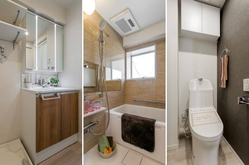 <b>左・</b>洗面室はキッチンの背面にある間取り。シンプルな洗面台に三面鏡が備わっています。／<b>中央・</b>1115サイズの浴室は浴室乾燥機付き。西側に窓があるため、効率よく換気ができるのもうれしいポイントですね。／<b>右・</b>吊り戸棚が設けられたトイレ。