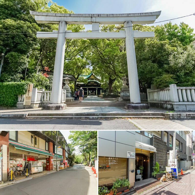 <b>上・</b>本郷通り沿い、「音無橋」の近くに位置する「王子神社」。 “東京十社” のひとつに数えられ、古くから開運や除災の神様として親しまれています。（徒歩3分）／<b>左下・</b>「王子」駅側の「音無親水公園」の入り口付近には、「まいばすけっと 王子駅北口店」と「ユニバーサルドラッグ 王子駅北口店」が。帰り道に買い出しができるのは便利◎（いずれも徒歩6分） ／<b>右下・</b>喫茶店「ビッグベン」では、サイフォン式コーヒーがいただけます。平日は朝7時から営業しているので、いつもより早起きして、お出かけ前にエネルギーチャージするのもいいですね！ （徒歩6分）