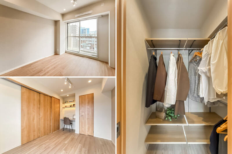 洋室の広さは約6帖。壁面にはデスクを造作済みで、ワークスペースとして活用可能。また、収納として大型のウォークインクローゼット（WIC）が備わっています。