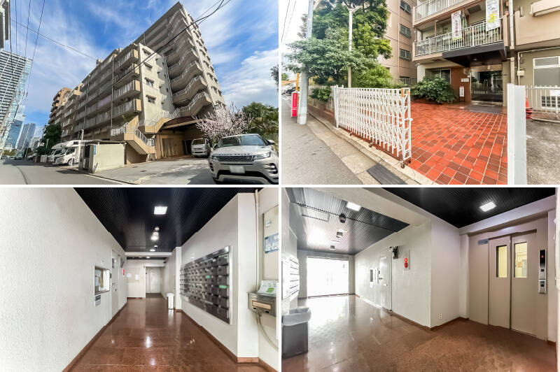 1980年に竣工した、地上11階建てのマンション。運河を背負うように建つ、落ち着いたベージュの外観です。