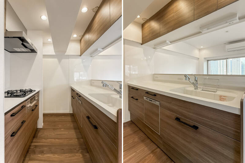 キッチンは3口コンロタイプで食洗機付き。作業スペースが広めに確保されており、調理のストレスが少なそう。