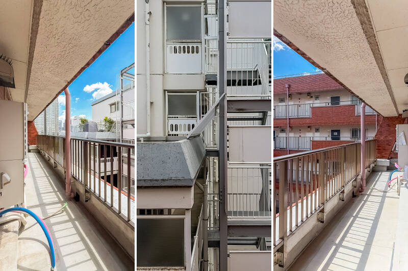 LDK〜洋室A〜洋室Bにまたがるバルコニー。正面には別の建物の共用廊下が見えますが、視線は気にならない印象です。