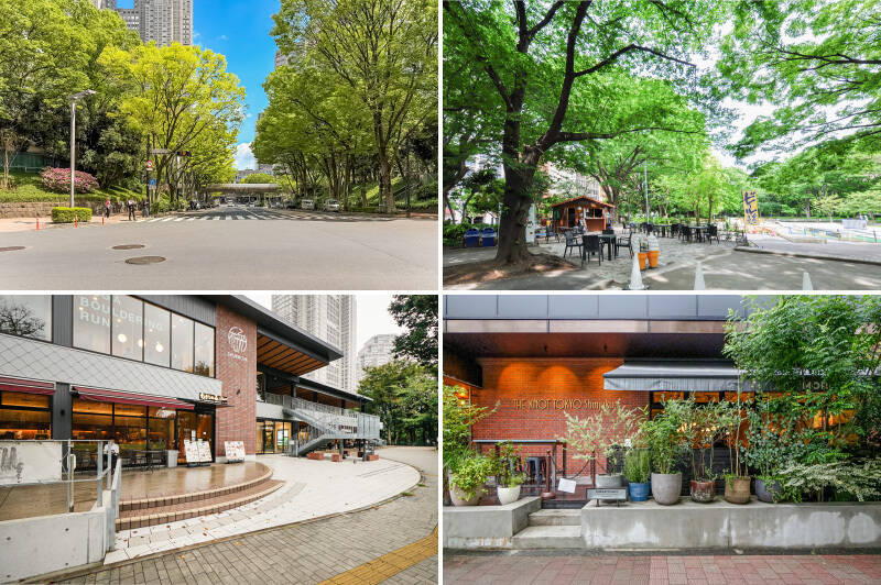 <b>左上・</b>マンション近くの風景。両手に望む緑の中には「新宿中央公園」があります。／<b>右上・</b>「新宿中央公園」は、都会の喧騒を忘れさせてくれる憩いの場。散歩やジョギングを楽しんだり、ただゆっくり緑を眺めたりと、贅沢な休日を過ごせます。（徒歩2分）／<b>左下・</b>敷地内にある複合施設「SHUKNOVA（シュクノバ）」は、“宿場町の縁側空間” を再現した場。集中した作業のひと休みに訪れれば、一瞬でリフレッシュできそう。（徒歩6分）／<b>右下・</b>「MORETHAN TAPAS LOUNGE（モアザン タパス ラウンジ）」は、朝8時から夜11時まで営業するオールデイダイニング。大きな窓越しに緑を眺めながら、焼き立てのパンをどうぞ。（徒歩2分）