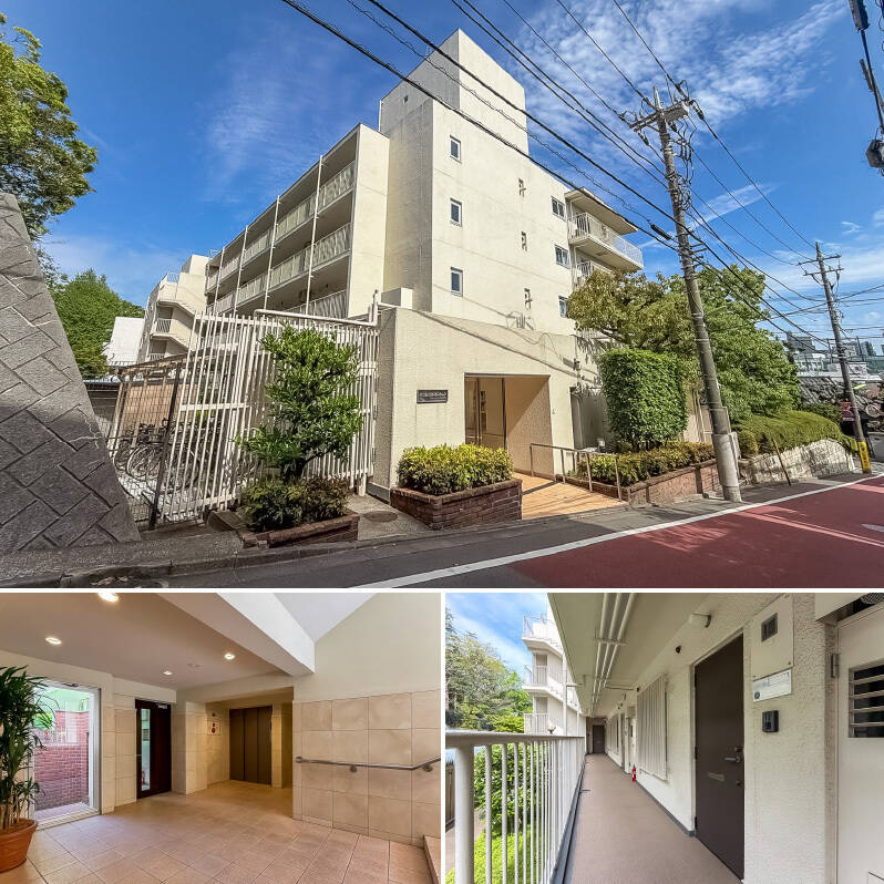 <b>上・</b>今回ご紹介するのは、東急田園都市線・世田谷線「三軒茶屋」駅から徒歩13分、東急田園都市線「池尻大橋」駅から徒歩14分の場所に位置する、1975年竣工のマンション。「下北沢」駅や「中目黒」駅方面まで自転車圏内で、街散策が存分に楽しめる立地です。敷地内の自転車置き場は、年間1,000円（電動アシスト付きは1,500円）で利用可能。最新の空き状況はお問い合わせくださいね。／<b>左下・</b>築年数を感じさせないきれいな共用ホール。奥のエレベーターで2階に向かいます。／<b>右下・</b>住戸前に到着。さっそくお邪魔します！