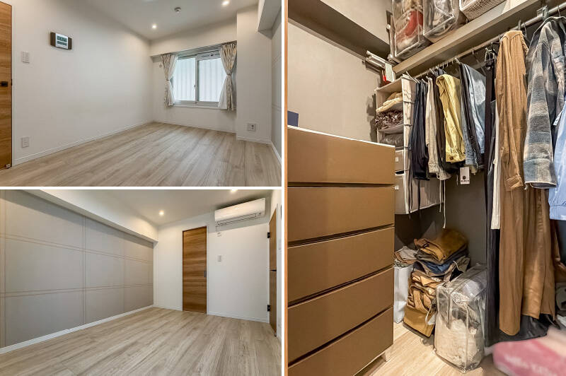 <b>左・</b>廊下からアクセスする独立性の高い洋室Cは、約6.3帖。北西側に窓が設けられています。／<b>右・</b>枕棚とハンガーパイプが備わった、ウォークインクローゼット（WIC）。