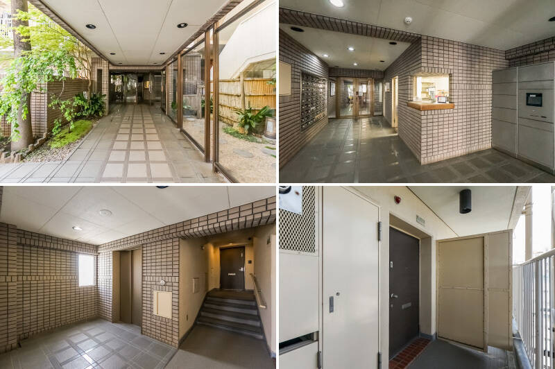 <b>左上・</b>エントランス横には小さな和風の坪庭が。このエリアらしいあしらいですね。／<b>右上・</b>こちらは共用ロビー。管理人は常駐せず、清掃員が巡回しています。／<b>左下・</b>エレベーターホールからは、階段を使わずにアクセスできる住戸です。／<b>右下・</b>玄関前にはカメラ付きインターホンが完備。