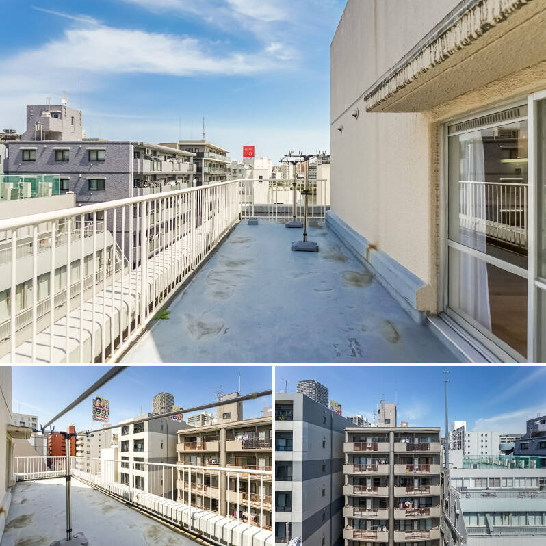 風がすっと抜けて、気持ちがよい……♡ 横幅にゆとりのあるルーフバルコニーは、物干しスペースにするだけでなく、お気に入りのチェアを置いたりくつろぎ空間にするのはいかがでしょう？ 正面のマンションとはやや距離がありますが、視線が気になる場合は植栽やパーテーションでやわらかく仕切るのもよさそうです。