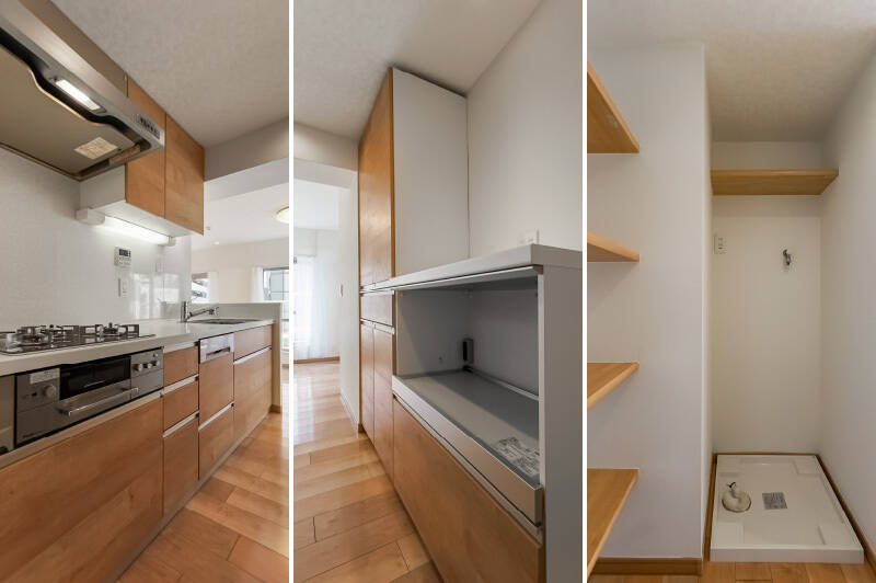 <b>左・</b>機器類には多少の使用感が見られますが、きれいな状態です。／<b>中央・</b>キッチンの向かいには、同じ面材で統一された造り付け収納が。／<b>右・</b>キッチンの奥には、洗濯機置き場があります。タイミングによって、動線はやや混み合うかもしれません。