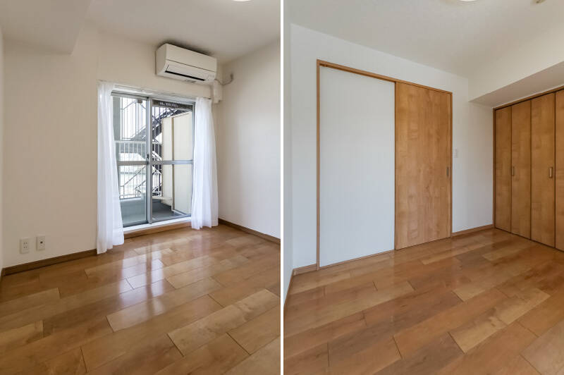 玄関横に位置する、北東向きの居室。折れ戸2枚分の収納付きです。