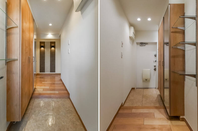 玄関にはトールタイプの姿見付きシューズボックスを設置。