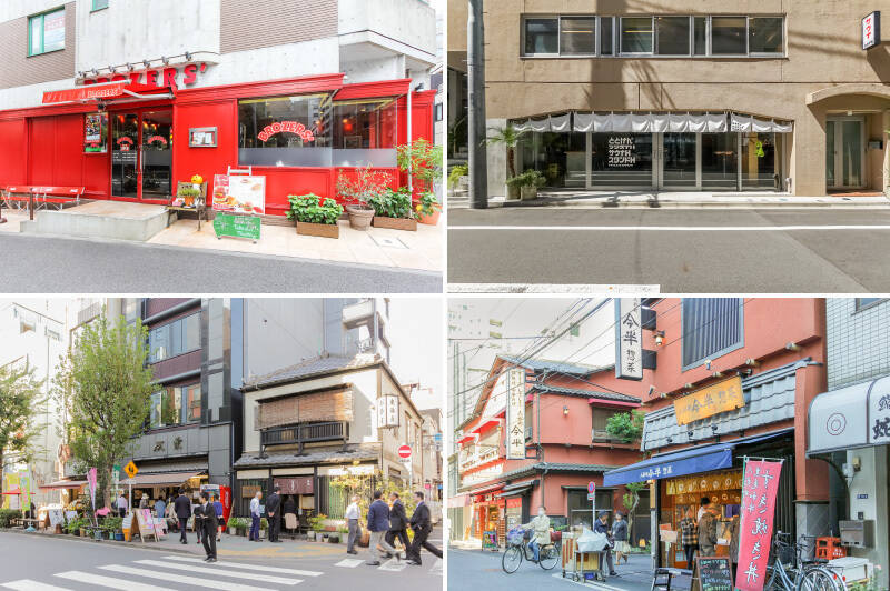 <b>左上・</b>真っ赤な外観が目を惹くハンバーガーレストラン「BROZERS'（ブラザーズ）人形町本店」。グルメバーガーがまだ珍しかった頃から続く、今も人気の一軒です。（徒歩12分）／<b>右上・</b>「ととけん日本橋浜町」は、サウナやランニングステーション、ビールも楽しめる大人の休憩所。走ったあと、ひと息つくのにぴったりです。（徒歩4分）／<b>左下・</b>人形町方向へ歩くと、昔ながらの店舗が並ぶ「甘酒横丁」が。下町情緒あふれる街並みが広がります。（徒歩10分）／<b>右下・</b>すき焼き・しゃぶしゃぶで知られる「今半」の惣菜店「人形町今半 惣菜本店」。名物のすき焼きコロッケは必食ですよ〜！（徒歩13分）