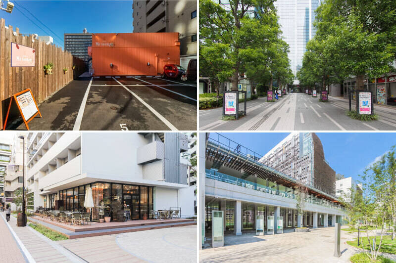 <b>左上・</b>運河沿いに佇むスペイン料理の隠れ家レストラン「Mi tiempo（ミ・ティエンポ）」。水辺に面した広々としたテラス席や、冷暖房完備のドームテント席があり、海外のリゾートにいるような非日常的な気分を味わえます。（徒歩1分）／<b>右上・</b>スーパーや書店ほか飲食店、ホテルやカンファレンスルームが揃う「msb Tamach（ムスブ タマチ）」。（徒歩8分）／<b>左下・</b>地元の方に愛されるカジュアルフレンチ「bistrot a la demande（ビストロアラドゥマンド）」は、特にモーニングが人気です。／<b>右下・</b>「みなとパーク芝浦」は、スポーツセンターや図書館が入る大型の複合施設。（徒歩8分）