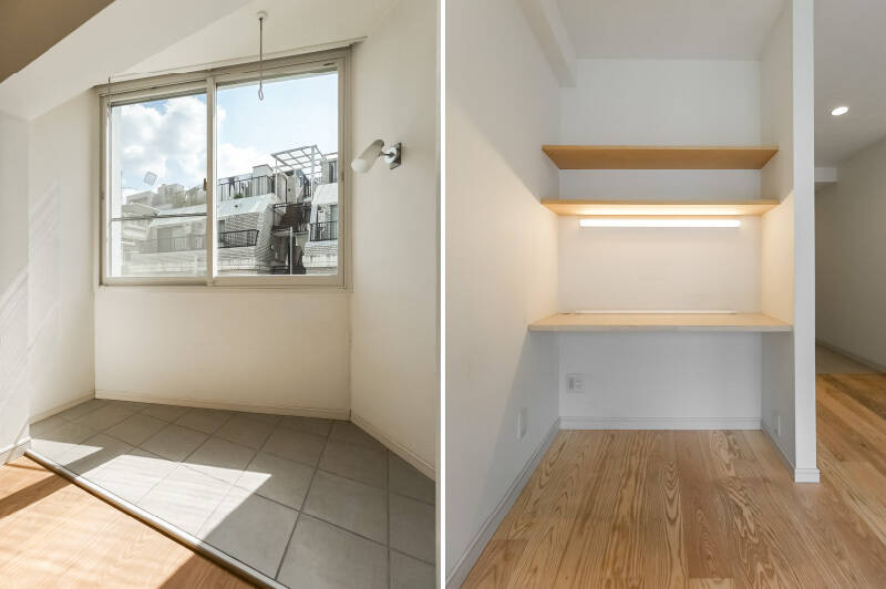 <b>左・</b>日差しをたっぷり取り込むサンルーム。お掃除しやすいタイル貼りなので、植物の水やりも楽々です。／<b>右・</b>備え付けのワークスペース。棚には好きな本や小物を並べて、自分らしい一角に仕立てたくなりますね。