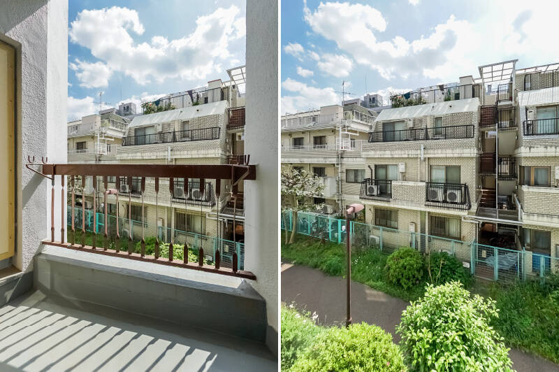 バルコニーはコンパクト。圧迫感はないものの、正面の建物とバルコニー同士が面しているため、時折人目が気になることもあるかもしれません。