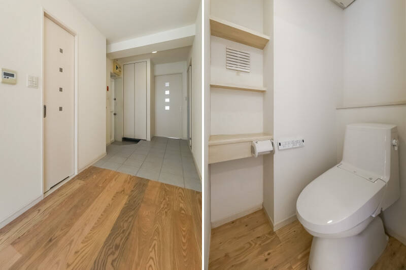 <b>左・</b>LDKからつながる玄関スペース。左手のドアはトイレ、奥のドアはそれぞれ洋室と水まわりにつながっています。／<b>右・</b>トイレは備え付けの棚が便利に使えそう。ウォシュレット付きの便座は新規交換されています。