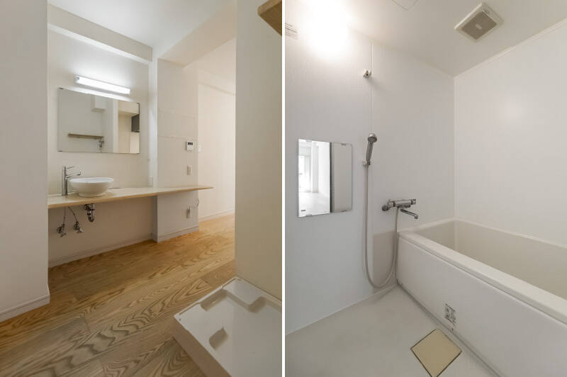 <b>左・</b>ワイドな洗面カウンターはなにかと便利に使えそう！ 置き型の洗面ボウルがキュートです。／<b>右・</b>バスルームはこんな感じ。多少使用感があるので、気になる方は現地でご確認を。