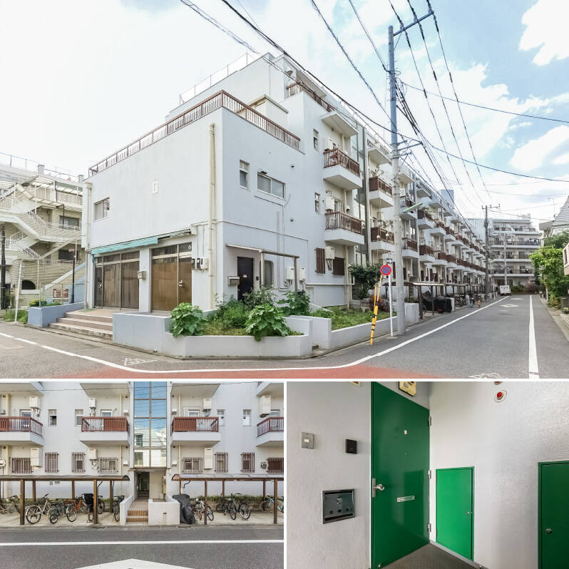 穏やかな住宅街の一角に佇むマンション。エレベーターがないので、<b>住戸が所在する2階までは階段でアクセス</b>します。写真には写っていませんが、赤堤通り側の1階には学習塾と焼肉屋さんなどがテナントとして入居中です。