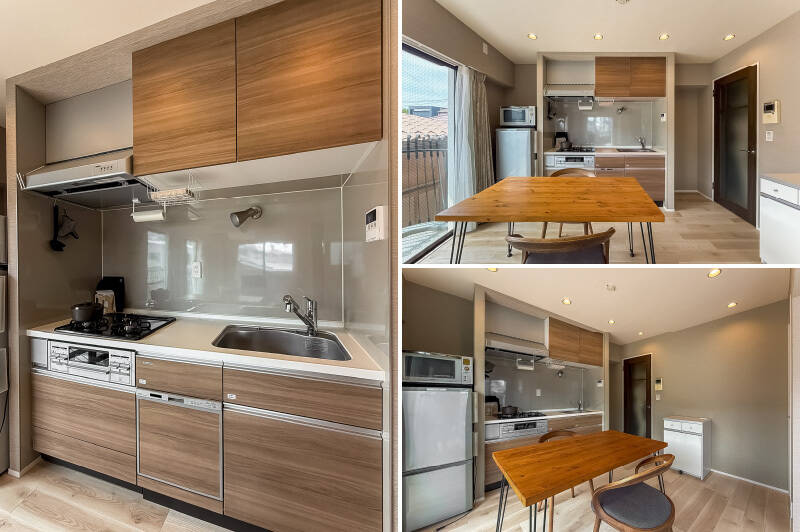 3口コンロと食洗機付き。上吊り収納も備わっており機能的です。キッチン左手には冷蔵庫置き場があり、右手の空間にも必要に応じて食器棚などを置けるスペースがありますよ。