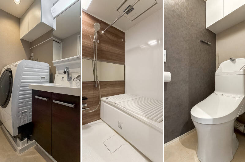 <b>左・</b>コンパクトな洗面室。トイレへはこちらからアクセスします。／<b>中央・</b>浴室乾燥機付き・1216サイズのユニットバス。／<b>右・</b>シンプルなトイレ。