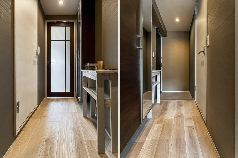 LDKの扉はガラス入り。下足入れは廊下に薄型タイプが設置されています。白い扉は水まわりへの入り口です。