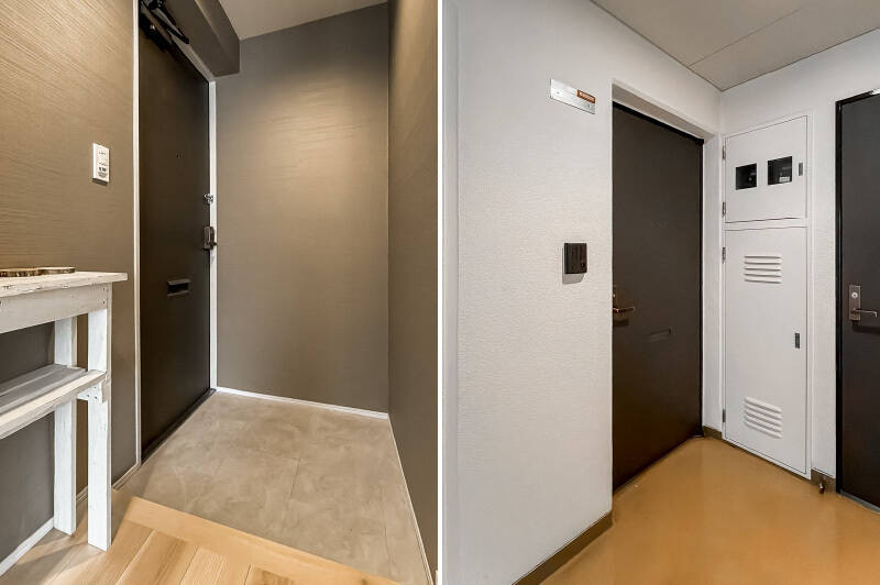 <p><b>左・</b>玄関は落ち着いたトーンで統一されています。インテリアでアクセントを加えるのもいいですね！／<b>右・</b>玄関前は内廊下タイプ。</p>