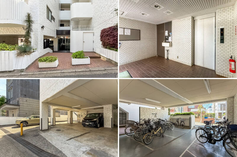 アプローチはどこか異国のような雰囲気。エントランスはタイル貼りです。管理人さんは、月曜日〜土曜日の午前中に勤務されていますよ。2026年4月現在、駐車場は空きがありませんが、自転車置き場は空きがあり月額500円で利用可能です。