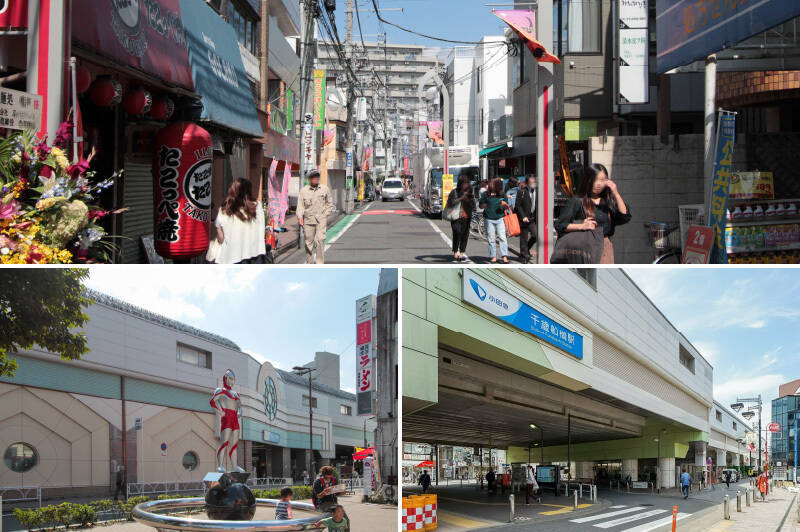 <b>上・</b>最寄り駅のひとつは小田急小田原線「祖師ヶ谷大蔵」駅徒歩10分。駅前の南北に伸びる通称 “ウルトラマン商店街” は騒がし過ぎず、街に根付いたアットホームな雰囲気です。街灯の形にご注目を。ほら、ここにもウルトラマンが！ ／<b>左下・</b>ウルトラマンを生んだ「円谷プロダクション」が砧にあったことから、ウルトラマン誕生の地として知られています。駅前にもウルトラマンの像があり、待ち合わせスポットになっています。／<b>右下・</b>もうひとつの最寄り駅は、小田急小田原線「千歳船橋」駅徒歩10分。「新宿」駅まで20分ほどと都心へのアクセスは良好です。こちらにも商店街がありますよ。