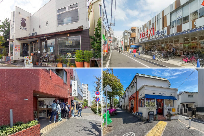 <b>左上</b>・一軒家レストラン「CURE（キュア）千歳船橋店 」では、オーガニック野菜を使った手の込んだ料理と、種類豊富なワインがいただけます。味はもちろん、落ち着いた雰囲気も◎ 晴れた日にはテラス席も気持ちいいですよ♪（徒歩8分）／<b>右上・</b>祖師ヶ谷大蔵の商店街の中に位置するスーパー「オオゼキ 砧店」。10:00〜21:00までの営業です。（徒歩12分）／<b>左下・</b>煮干しラーメンの名店として知られる「中華そば 西川」。行列ができることも多い人気店です。（徒歩4分）／<b>右下・</b>世田谷野菜や沼津港より直送された駿河湾の新鮮魚介をふんだんに盛り込んだ本格イタリアンがいただける「Trattoria Monolito（トラットリア モノリート）」。外観も洋風でかわいい！（徒歩7分）