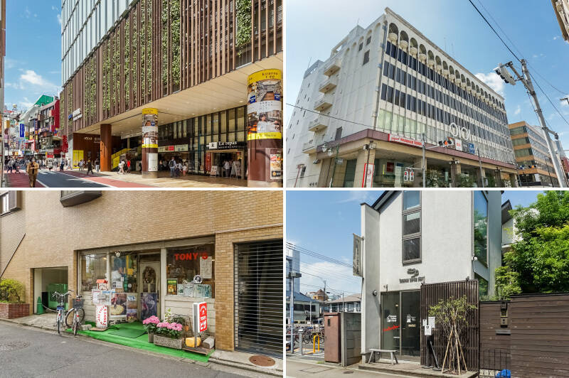 <b>左上・</b>JR中央線・京王井の頭線「吉祥寺」駅には「キラリナ京王吉祥寺」や「アトレ吉祥寺」など商業施設が併設されています。帰り道に駅でお買い物できるのはうれしいですね。（徒歩7分）／<b>右上・</b>「吉祥寺マルイ」には、無印良品やスポーツ用品店など暮らしに便利なお店が揃っています。（徒歩7分）／<b>左下・</b>ニューヨーク仕込みのアメリカンピザを味わえる「NEW YORK PIZZA TONY'S（ニューヨークピザ トニーズ）」。（徒歩4分）／<b>右下・</b>静かな住宅街の中に建つ「Ryumon Coffeestand（リュモン コーヒースタンド）」。グリルドチーズサンドや自家製ティラミスがおすすめメニュー。（徒歩2分）