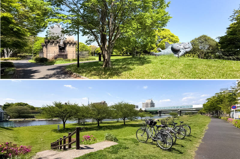 旧中川と荒川の中洲に位置する公園は、アスレチック広場にバーベキュー場、スポーツ広場も備えた緑豊かなスポット。水門の遺跡や彫刻も飾られています。（徒歩4分）